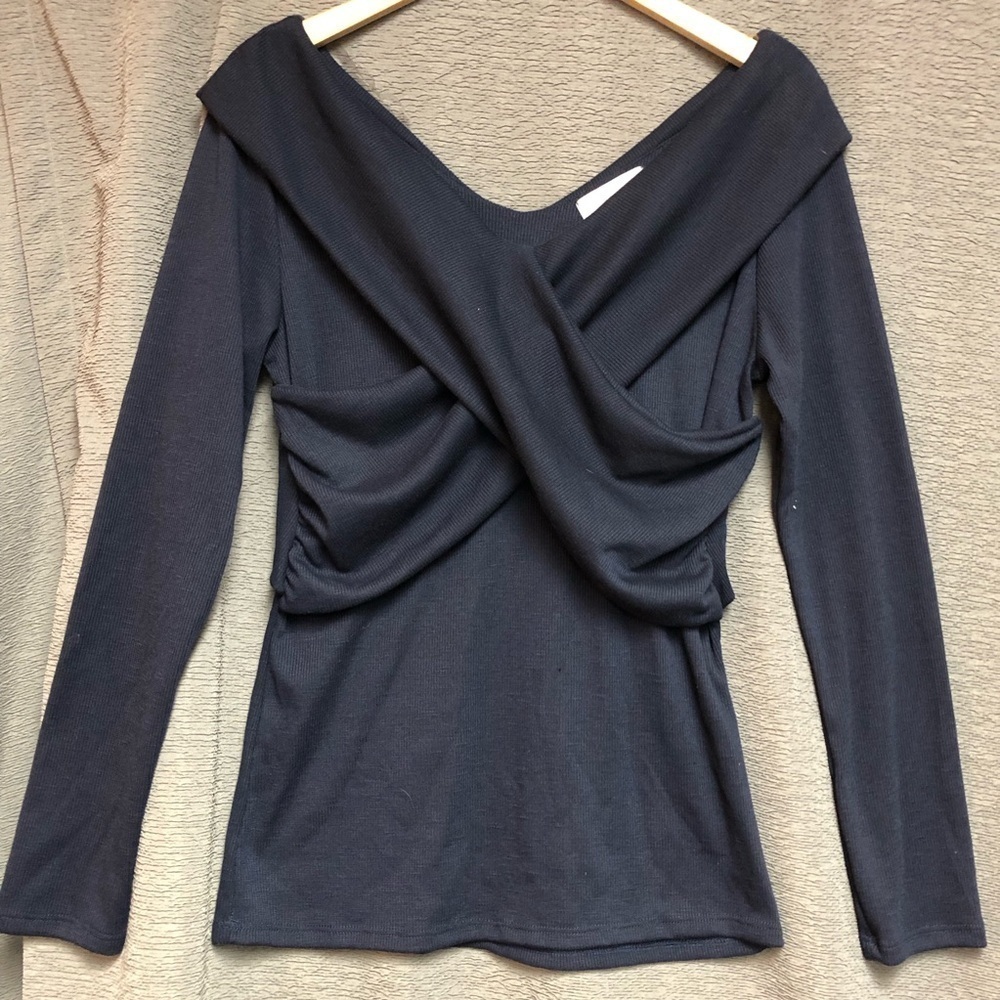 Sugar fox of California  med navy blue cascading crisscross sweater long sleeves